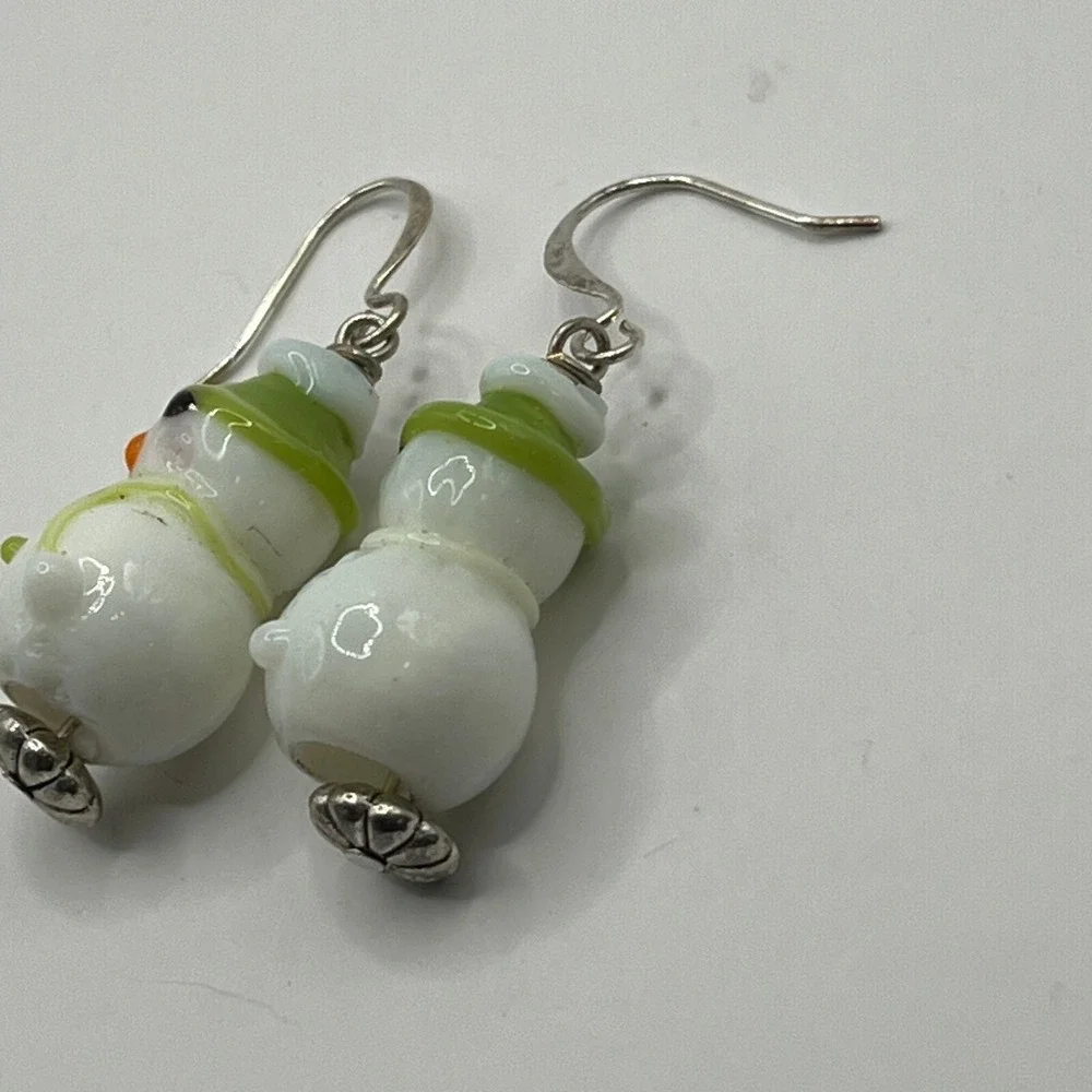 Vintage Snowman Pierced‎ Earrings White Glass and Silver Tone Winter Holiday